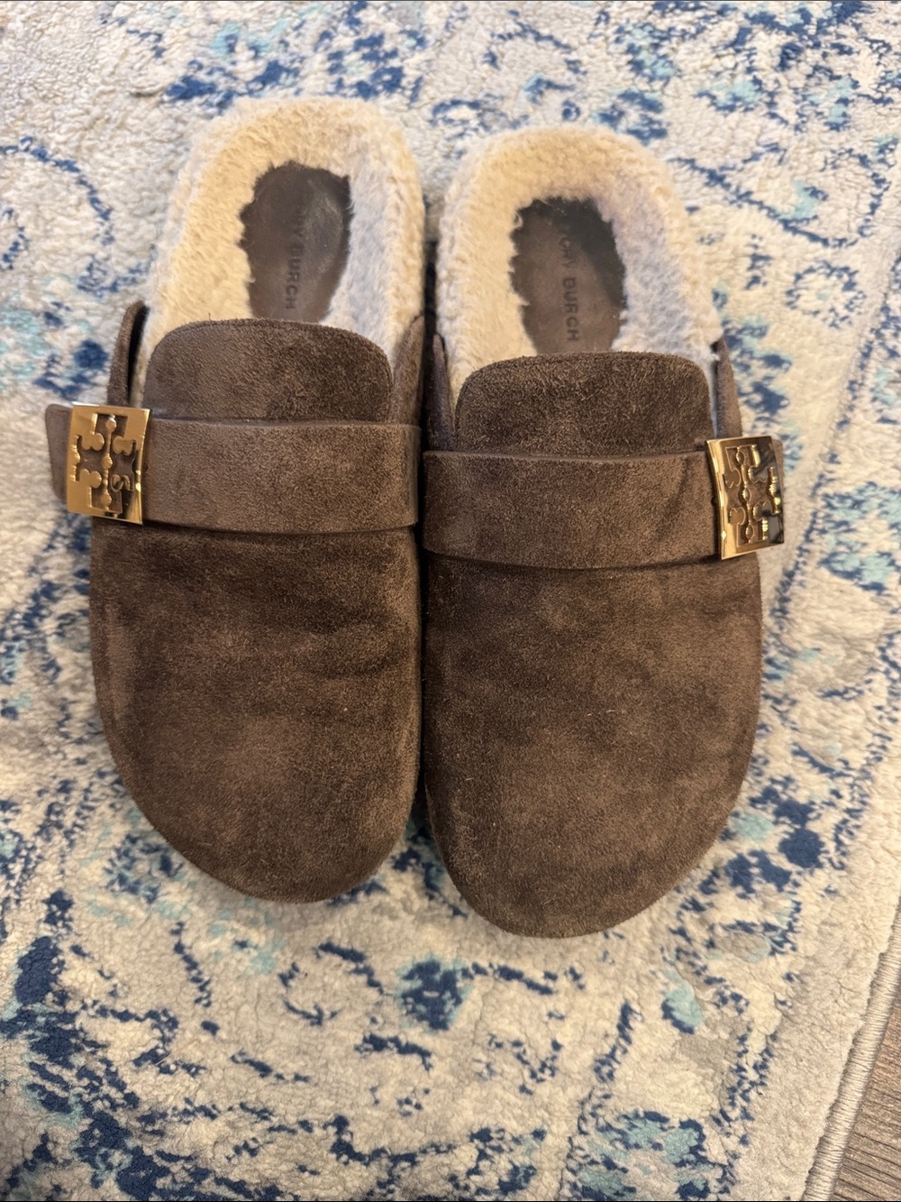 Tory Burch Dark Brown Suede Shearling-Lined Slip-On Loafers